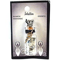 Rainbow Moonstone Chips in Bottle with Goddess necklace