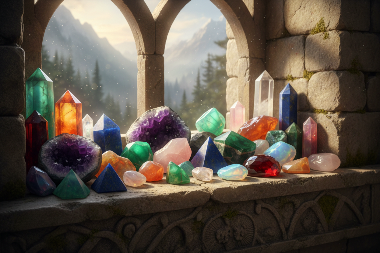 Crystals on castle window ledge